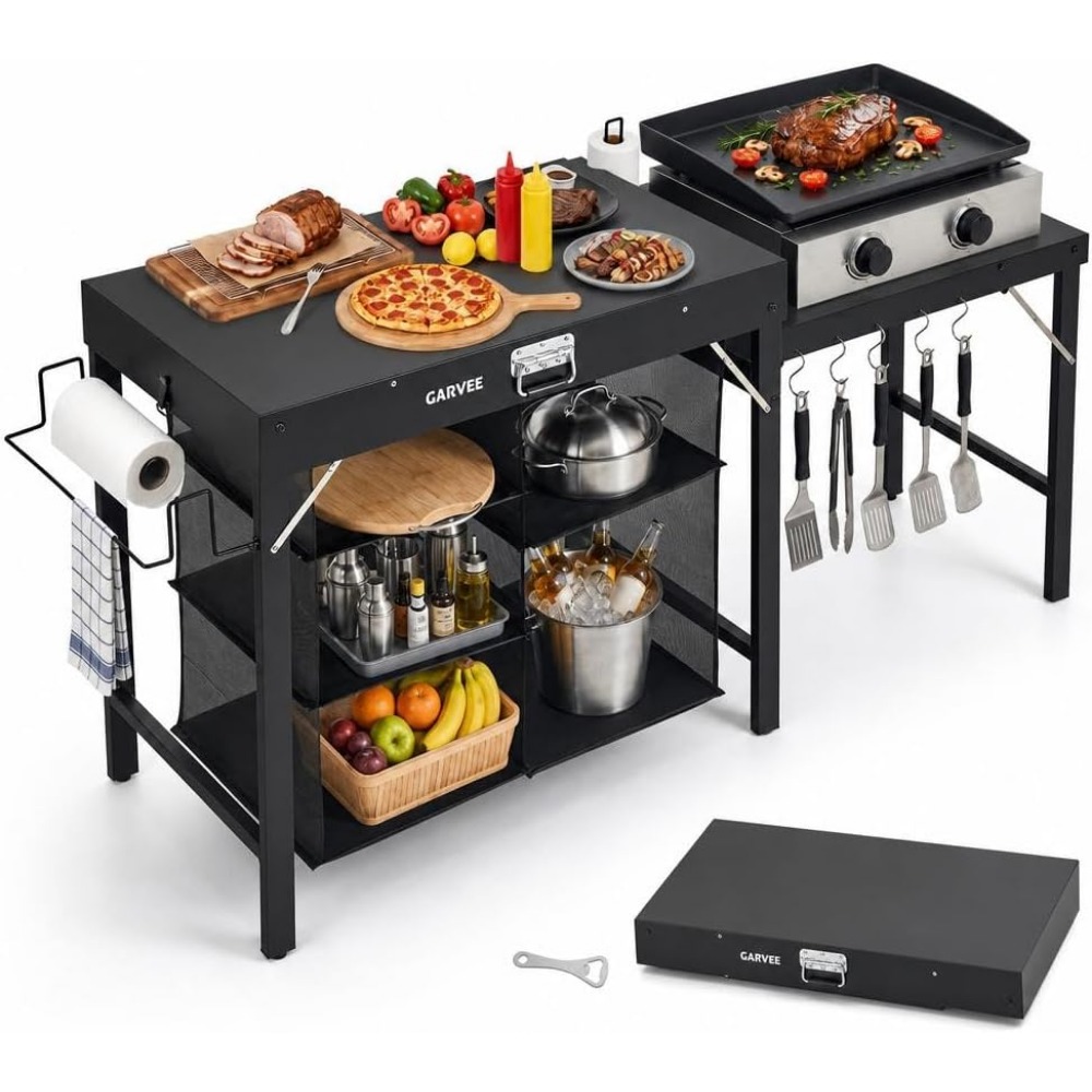 Outdoor Camping Cooking Table - 접이식 금속 그릴 테이블(측면 확장 및